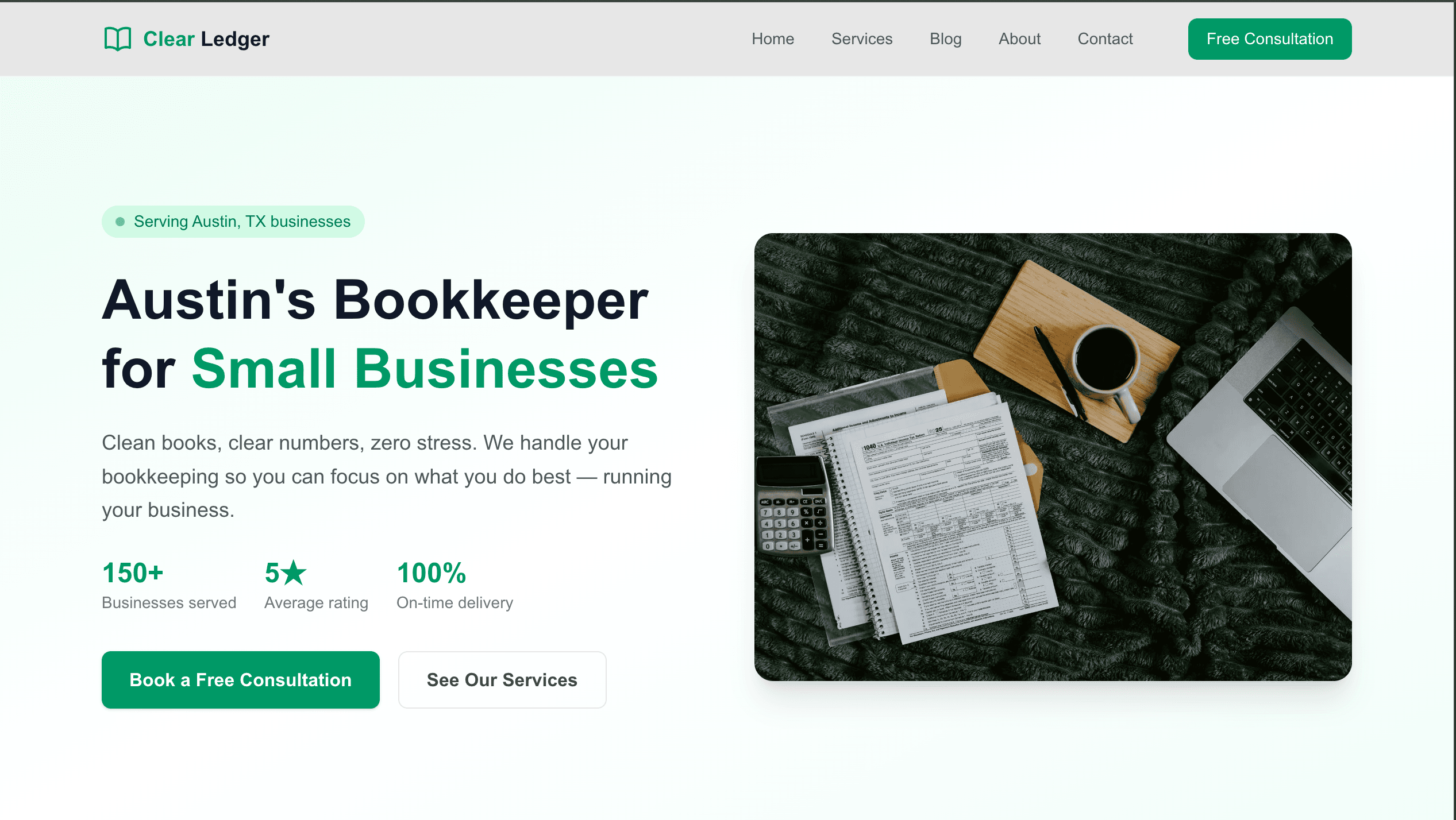 Clear Ledger Bookkeeping website homepage screenshot